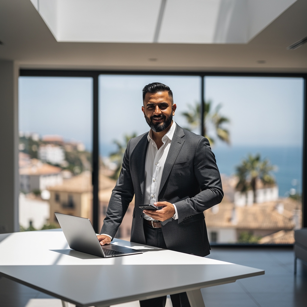 Profesional de marketing digital trabajando en su espacio de trabajo con múltiples pantallas
